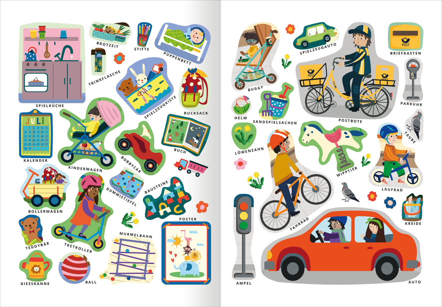 Gezeigt wird eine Innen- oder Zusatzansicht von „Mein erstes Sticker-Bilderlexikon – Meine Welt“. Die Seite ist bunt gestaltet und zeigt eine Vielzahl von illustrierten Stickern, die alltägliche Gegenstände und Aktivitäten darstellen. Zentrale Elemente umfassen Spielzeuge, Fahrzeuge und Kinder in verschiedenen Szenen. Die Farben sind lebhaft und ansprechend, mit einer dominierenden Verwendung von Blau, Grün und Rot. Die Typografie ist klar und kindgerecht, was die Lesbarkeit fördert.