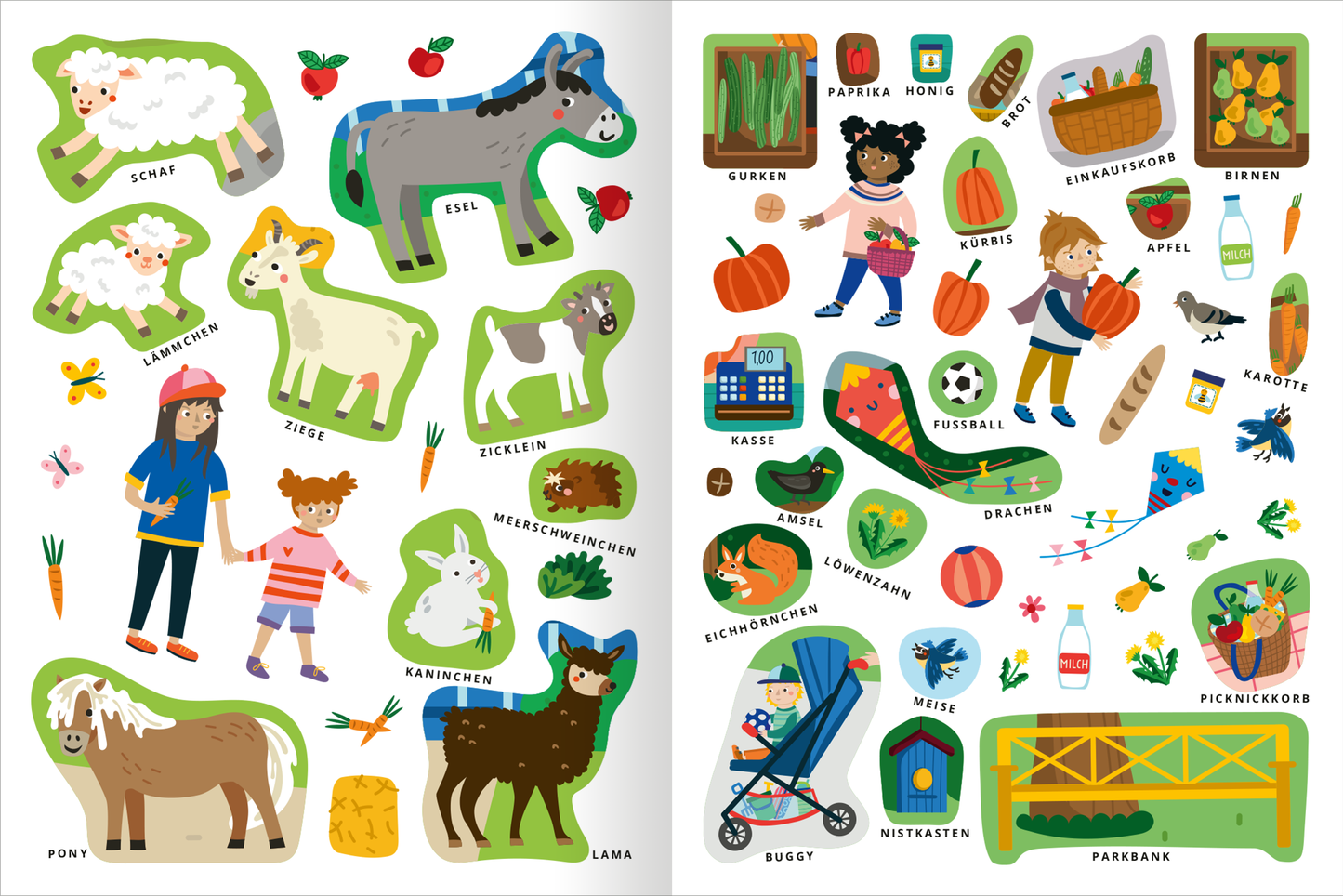 Gezeigt wird eine Innen- oder Zusatzansicht von „Mein erstes Sticker-Bilderlexikon – Meine Welt“. Die bunt gestaltete Doppelseite zeigt verschiedene Tiere und Gegenstände. Auf der linken Seite sind bunte Sticker von Tieren wie Schaf, Esel und Pony abgebildet, ergänzt durch Kinderfiguren. Die rechte Seite illustriert eine Auswahl an Lebensmitteln und Spielzeugen, z.B. Äpfel, Kürbisse und einen Buggy. Die Verwendung von kräftigen Farben und kindgerechter Typografie fördert die...