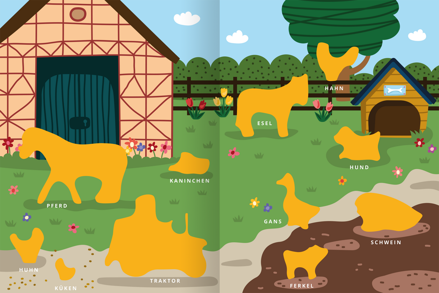 Gezeigt wird eine Innen- oder Zusatzansicht von „Mein erstes Sticker-Bilderlexikon – Tiere“. Die Seite zeigt eine Tierwelt auf einem Bauernhof mit einer bunten Scheune links und einer Hundehütte rechts. Verschiedene Tierumrisse in leuchtendem Gelb sind umgeben von grüner Wiese und bunten Blumen. Die dazugehörigen Begriffe wie „Pferd“, „Kaninchen“ und „Schwein“ sind in klarer, einfacher Schrift unter den Silhouetten platziert, was die Orientierung erleichtert.