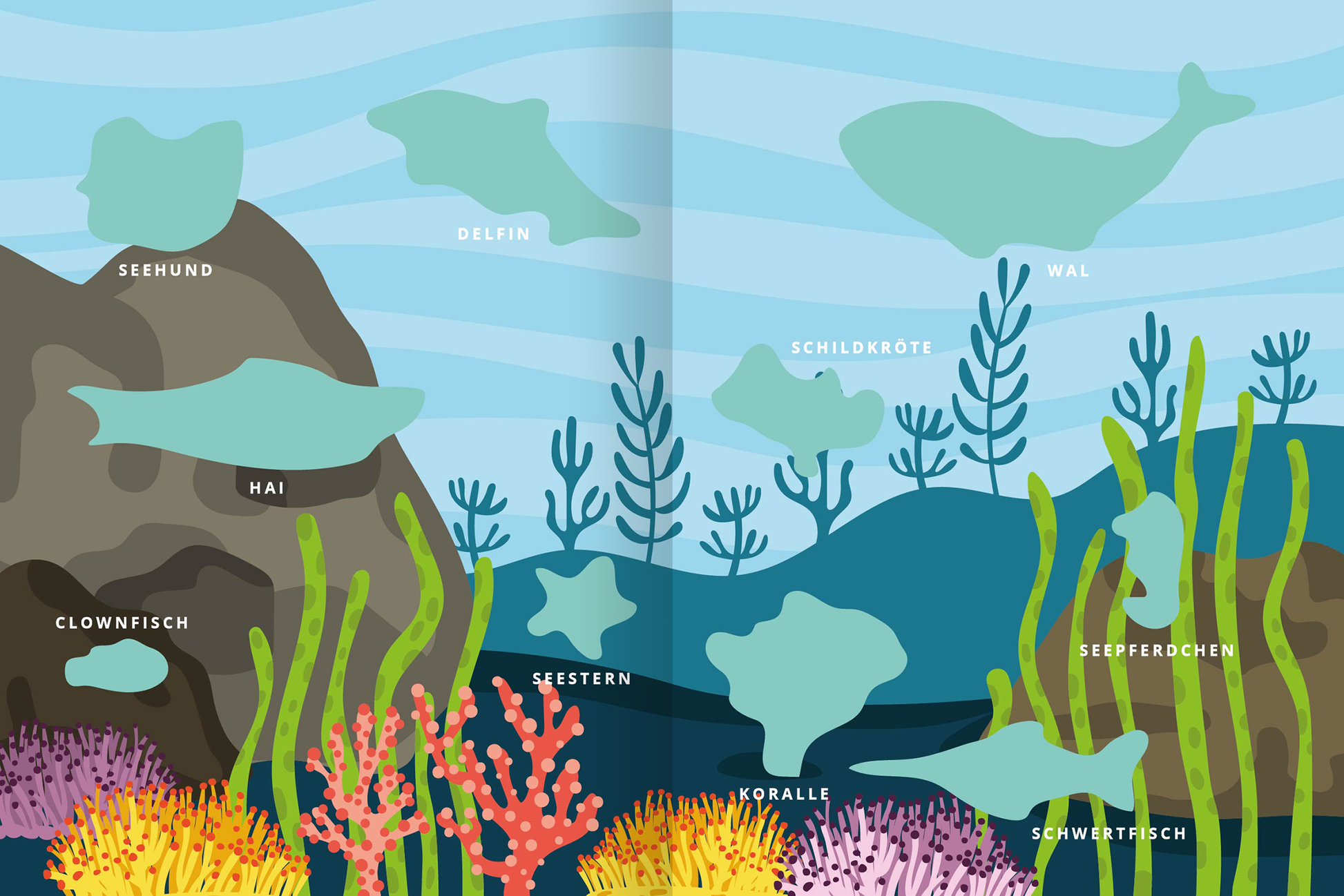 Gezeigt wird eine Innen- oder Zusatzansicht von „Mein erstes Sticker-Bilderlexikon – Tiere“. Die Seite zeigt eine bunte Unterwasserwelt mit verschiedenen Meeresbewohnern, wie einem Seehund, Delfin und Wal, die in hellgrünen Silhouetten dargestellt sind. Der Hintergrund ist in sanften Blautönen gehalten, während lebendige Korallen und Pflanzen in leuchtenden Farben, wie Orange und Gelb, das Bild umrahmen. Die Beschriftungen der Tiere sind in klarer, gut lesbarer Schrift in Weiß...