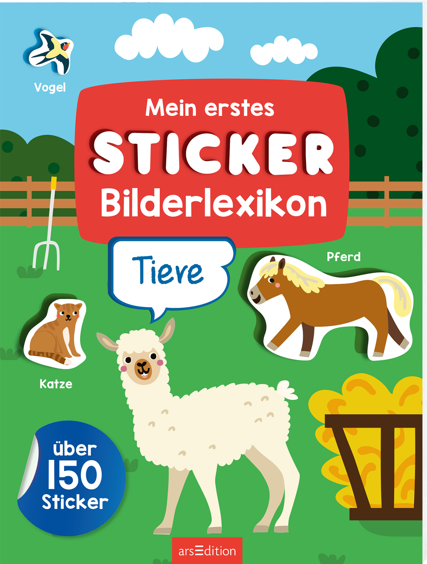 Das Buchcover zeigt eine lebendige, farbenfrohe Illustration mit einem hellblauen Hintergrund. Im Fokus steht der Titel „Mein erstes STICKER Bilderlexikon Tiere“ in auffälligen, roten Buchstaben. Links sind ein Vogel und eine Katze abgebildet, rechts ein Pferd. In der unteren Ecke befindet sich ein Körbchen mit Heu. Oben rechts sind Wolken zu sehen, die eine freundliche Atmosphäre schaffen. „Über 150 Sticker“ ist ebenfalls prominent abgedruckt. Ganz unten mittig steht der...