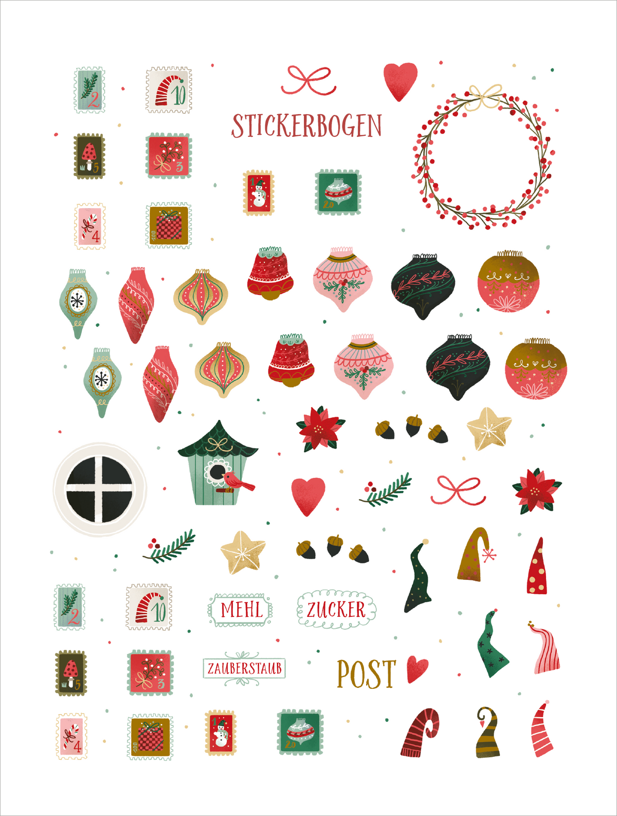 Gezeigt wird eine Innen- oder Zusatzansicht von „Wichtel willkommen“. Der Stickerbogen präsentiert eine Vielfalt an festlichen Motiven in warmen Farben wie Rot, Grün und Gold. Zu den zentralen Elementen gehören Weihnachtskugeln, kleine Wichtel, Geschenke, sowie dekorative Sterne und Blätter. Die Schriftart ist verspielt und handschriftlich gestaltet, was eine gemütliche, einladende Stimmung vermittelt. Der Hintergrund ist schlicht weiß, wodurch die bunten Aufkleber gut zur Geltung...