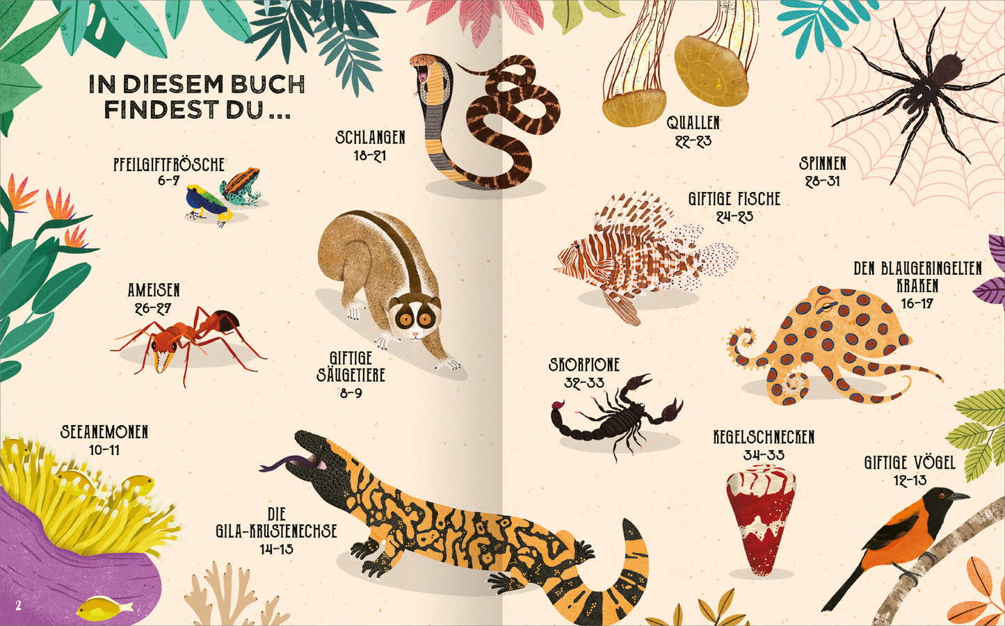 Gezeigt wird eine Innenansicht von „Giftig!“. Die Doppelseite präsentiert eine bunte Übersicht giftiger Tiere, umgeben von stilisierten Pflanzenmotiven. In sanften Farben gehalten, sind die Illustrationen der Tiere – wie Schlangen, Spinnen und Quallen – klar erkennbar und gleichzeitig ansprechend gestaltet. Die Typografie ist verspielt und gut lesbar, mit hervorgehobenen Überschriften, die die verschiedenen Tierarten betiteln. Die visuelle Anordnung lädt zum Erkunden und Entdecken...