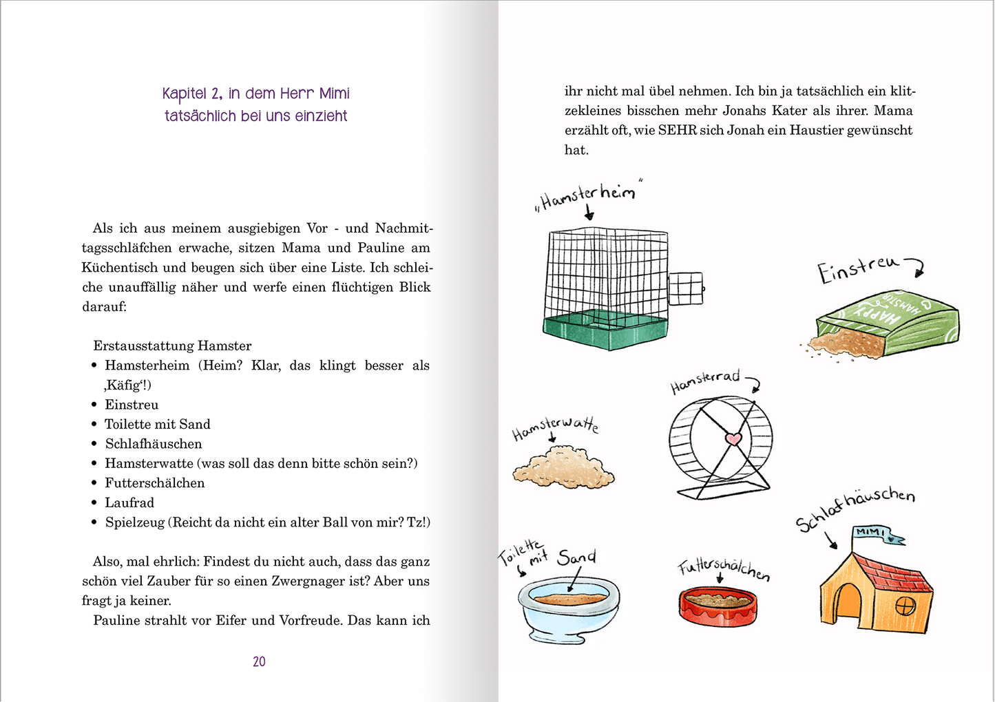 Gezeigt wird eine Innen- oder Zusatzansicht von „Kater Chaos – Au Backe, ein Hamster!“. Die Seite zeigt Text in einer verspielten Schriftart. Daraus hervorgehoben sind wichtige Punkte zu Hamsterbedarf in Form von Aufzählungen. Links sind Zeichnungen zu sehen, darunter ein Hamsterkäfig mit Sand und Spielzeug in bunten Farben. Die Gestaltung ist freundlich und ansprechend, ideal für junge Leser.