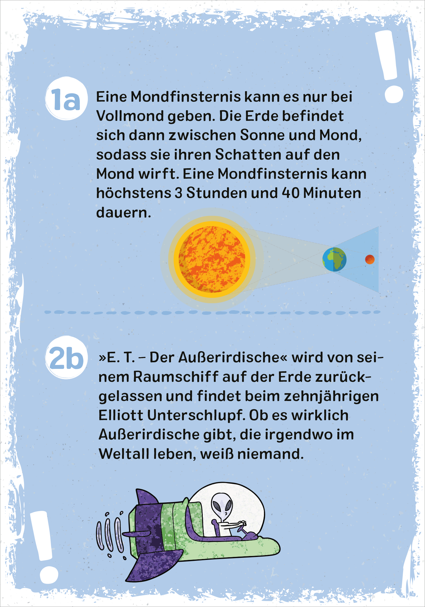 Gezeigt wird eine Innen- oder Zusatzansicht von „Das galaktische Weltall-Quiz“. Der Hintergrund ist in sanften Blau- und Grüntönen gehalten, der Text ist in klaren, gut lesbaren Schriftarten gestaltet. In Abschnitt 1a wird die Mondfinsternis mit einer Illustration der Sonne, Erde und des Mondes erklärt. Sektion 2b enthält eine farbenfrohe Zeichnung eines Außerirdischen in einem Raumschiff, begleitet von einer kurzen, informativen Beschreibung. Die Gestaltung ist ansprechend und...