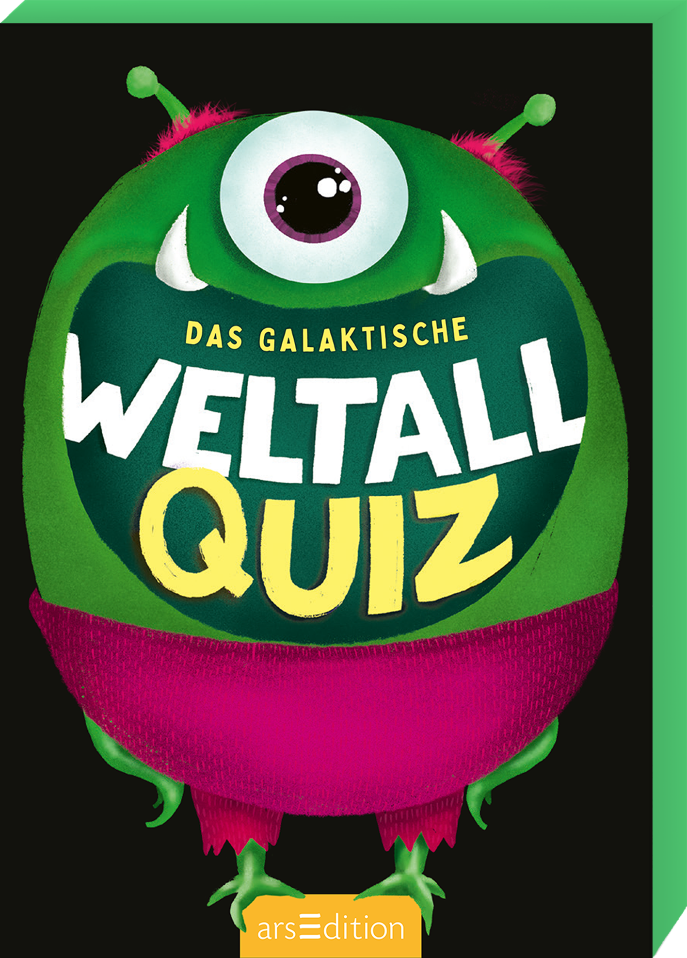 Das Buchcover zeigt ein fröhliches, buntes Monster mit einem großen, lachenden Gesicht. Der Körper ist in leuchtendem Grün und Pink gehalten, mit einer großen, runden, weißen Augenpartie, die den Betrachter anblickt. Auf dem Cover steht der Titel „Das galaktische WELTALL QUIZ“ in dynamischer Typografie, wobei „WELTALL“ in gelber Schrift hervorsticht. Oben ist der Titel in Weiß auf grünem Hintergrund platziert. Der Hintergrund ist schwarz, was das Cover lebendig erscheinen...
