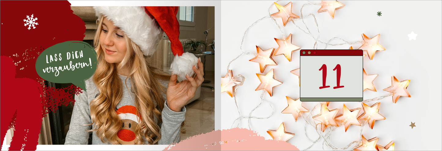 Gezeigt wird eine Innen- oder Zusatzansicht von „Mavie Noelle – Der Adventskalender“. Die Darstellung zeigt eine festliche Szene mit einer Person in einem Weihnachtsmütze, die Spaß und Freude ausstrahlt. Die Farben sind vorwiegend rot, grün und gold, während ein Hintergrund aus weißen und goldenen Sternen das Bild umrahmt. Die Typografie besteht aus fröhlichen, handschriftlichen Elementen, die einen einladenden und lebhaften Eindruck vermitteln. Zahl 11 ist in einer klaren, redenden...