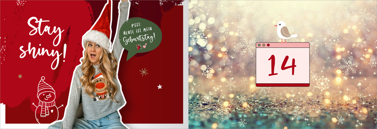 Gezeigt wird eine Innen- oder Zusatzansicht von „Mavie Noelle – Der Adventskalender“. Die Grafik kombiniert festliche Elemente mit einer warmen roter Hintergrundfarbe. Im Vordergrund ist eine lächelnde Person mit einer Weihnachtsmütze zu sehen, die ein graues Sweatshirt trägt. Ein handschriftlich gestalteter Text „Stay shiny!“ und eine grüne Sprechblase mit der Aufforderung „Peilst du schon auf Geschenke?!“ ergänzen das Bild. Auf der rechten Seite befindet sich ein...