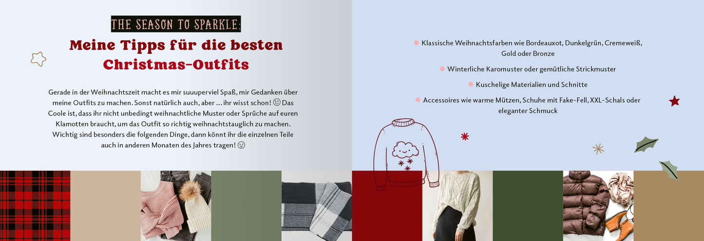 Gezeigt wird eine Innen- oder Zusatzansicht von „Mavie Noelle – Der Adventskalender“. Die Seite kombiniert festliche Farben wie Rot, Gold und Beige. Die Überschrift „THE SEASON TO SPARKLE“ hebt sich in einer eleganten, modernen Schrift ab. Darunter befinden sich Tipps für Weihnachts-Outfits in einer klaren typografischen Struktur. Bilder von Stoffmustern und Kleidungsstücken ergänzen die Textelemente, die durch dezente grafische Sterne und andere Weihnachtsmotive umrahmt sind.