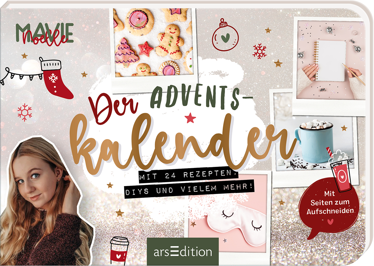 Das Buchcover zeigt einen festlich glitzernden Hintergrund in Gold- und Rosétönen. In der Mitte hebt sich der Titel „Der Adventskalender“ in geschwungener, roter Typografie ab. Um den Titel sind verschiedene weihnachtliche Motive wie Plätzchen, Geschenken und Deko-Elementen angeordnet. Links unten ist ein Porträt einer jungen Frau mit langen, lockigen Haaren zu sehen. Oben links steht der Name „Malie“. Ein roter Button weist auf „Mit 24 Rezepten, DIYs und vielem mehr!“ hin. Ganz...