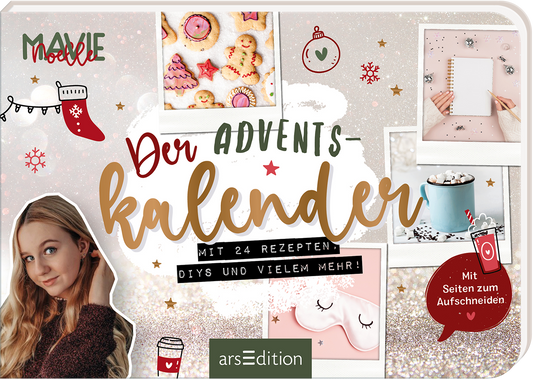 Das Buchcover zeigt einen festlich glitzernden Hintergrund in Gold- und Rosétönen. In der Mitte hebt sich der Titel „Der Adventskalender“ in geschwungener, roter Typografie ab. Um den Titel sind verschiedene weihnachtliche Motive wie Plätzchen, Geschenken und Deko-Elementen angeordnet. Links unten ist ein Porträt einer jungen Frau mit langen, lockigen Haaren zu sehen. Oben links steht der Name „Malie“. Ein roter Button weist auf „Mit 24 Rezepten, DIYs und vielem mehr!“ hin. Ganz...