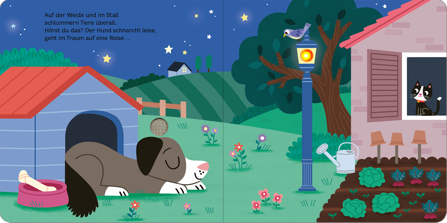 Gezeigt wird eine Innen- oder Zusatzansicht von „Mein blinkendes Soundbuch – Gute Nacht, Bauernhof!“. Die Illustration zeigt eine friedliche Nachtszene auf einem Bauernhof. Im Vordergrund schläft ein grauer Hund vor seiner Hundehütte, während ein blauer Vogel fröhlich auf einem Laternenpfahl sitzt. Rechts ist ein Fenster eines Hauses zu sehen, durch das eine schwarz-weiße Katze schaut. Der Himmel ist tiefblau mit leuchtenden Sternen. Farbliche Akzente kommen von bunten Blumen und dem...