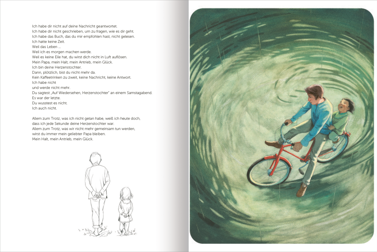 Gezeigt wird eine Innen- oder Zusatzansicht von „Papa“. Auf der rechten Seite ist eine farbige Illustration, die einen Jungen und ein Mädchen auf einem Fahrrad zeigt, das in einem spiralförmigen Strudel fährt. Die Farben sind sanft und einladend, mit einem dominierenden Blau und erdigen Tönen. Auf der linken Seite befinden sich handschriftliche Notizen in schwarzer Schrift, die die emotionalen Gedanken des Erzählers widerspiegeln. Die Typografie wirkt vertraulich und persönlich, mit...