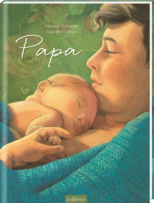 Auf dem Cover des Buches „Papa“ von Hélène Delforge und Quentin Gréban ist eine berührende Szene zu sehen, in der ein Vater sein schlafendes Baby sanft an sich hält. Die warmen, sanften Farben schaffen eine zärtliche Atmosphäre, während der Vater auf eine ruhige Art in die Ferne blickt. Die Typografie des Titels „Papa“ ist in eleganter Schreibschrift gehalten und hebt sich hell gegen den Hintergrund ab. Ein SPIEGEL-Bestseller-Button ist oben links sichtbar. Ganz unten mittig...