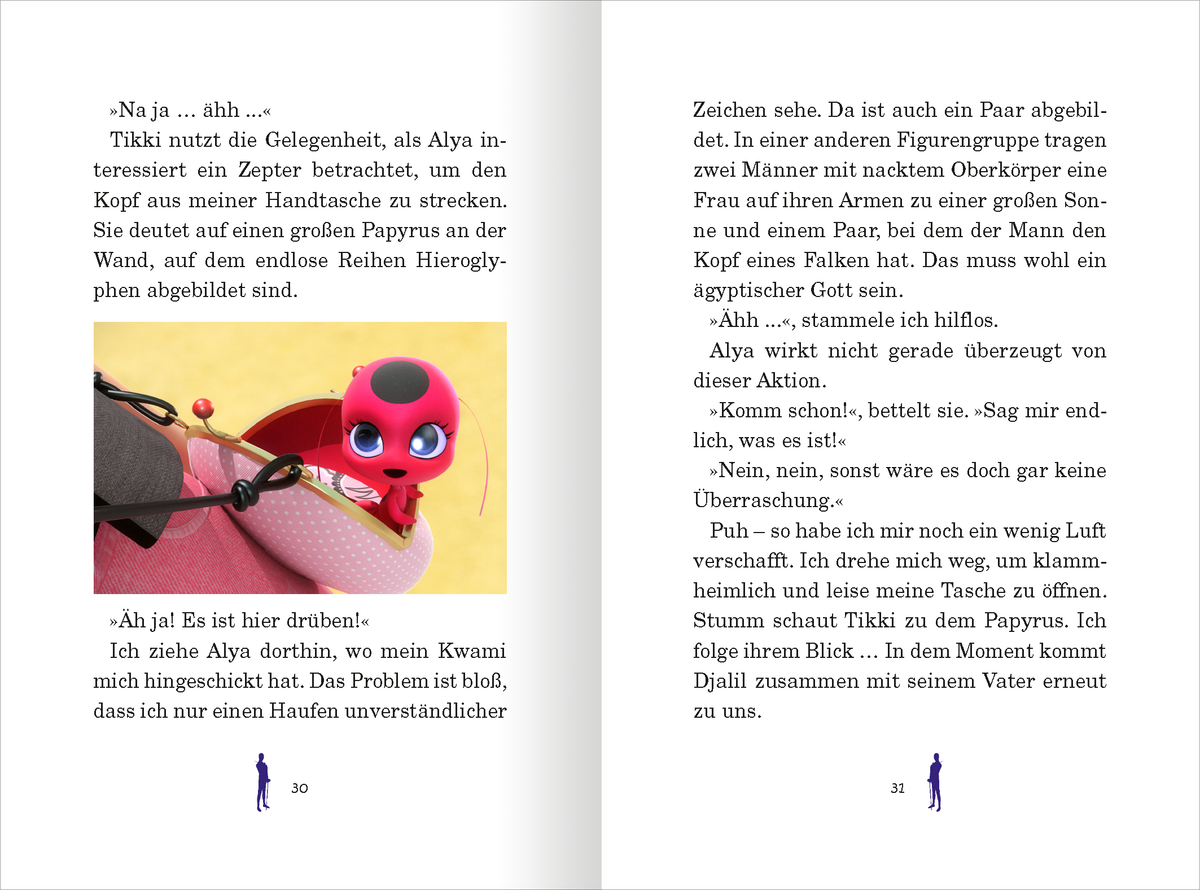 Gezeigt wird eine Innen- oder Zusatzansicht von „Miraculous – Die spannendsten Abenteuer“. Die Seiten präsentieren eine Kombination aus bunten Illustrationen und Text. Auf der linken Seite ist eine lebhafte, cartoonhafte Zeichnung eines Charakters in einer pinken Umgebung zu sehen. Die Schrift ist klar und gut lesbar.