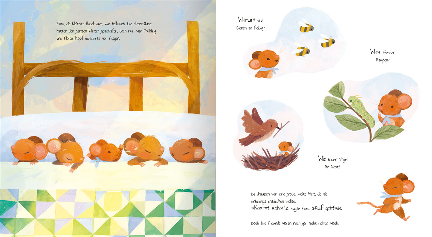 Gezeigt wird eine Innen- oder Zusatzansicht von „Die kleine Haselmaus ist gar nicht müde“. Die Illustration zeigt eine sanfte Schlafszene mit fünf Haselmäusen in einem gemütlichen Bett, umgeben von einer hellen, freundlich gestalteten Umgebung. Die Farben sind in sanften Gelbtönen und pastelligen Blau- und Grüntönen gehalten. Auf der gegenüberliegenden Seite sind verspielte, runde Illustrationen von Vögeln, Bienen und Pflanzen zu sehen. Die Typografie ist kindgerecht und gut lesbar.