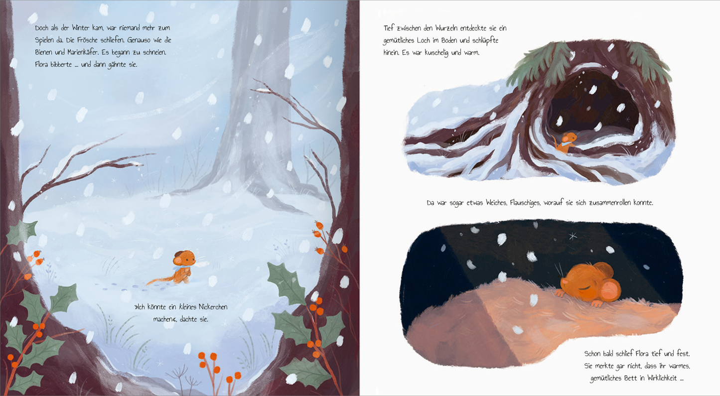Gezeigt wird eine Innen- oder Zusatzansicht von „Die kleine Haselmaus ist gar nicht müde“. Die illustrierte Szene zeigt eine schneebedeckte Landschaft mit einem kleinen orangefarbenen Tier, das auf einem weißen Boden positioniert ist. Links sind einige grüne Blätter und rot leuchtende Beeren sichtbar. Rechts ist eine Baumhöhle, in der das Tier sicher sitzt. Die sanften, pastellfarbenen Töne schaffen eine ruhige, einladende Atmosphäre. Die Schrift ist gut lesbar, in einer verspielten,...