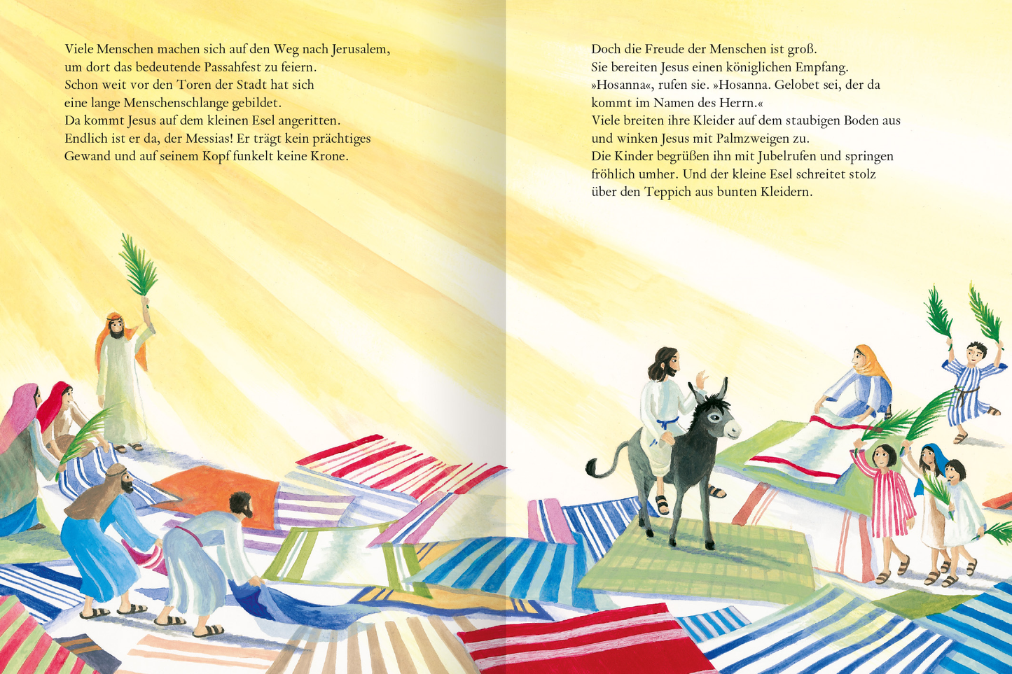Gezeigt wird eine Innen- oder Zusatzansicht von „Der kleine Esel und die Ostergeschichte“. Die Illustration zeigt eine lebendige Szene mit einem kleinen Esel im Vordergrund, umgeben von fröhlichen Menschen, die bunte Kleidungsstücke auf den Boden legen. Die Farbpalette besteht aus hellen Gelbtönen, die einer warmen Lichtquelle ähneln, sowie kräftigen Farben für die Kleidungsstücke. Die Typografie ist kindgerecht und gut lesbar, unterstreicht die fröhliche Stimmung und das Thema des...