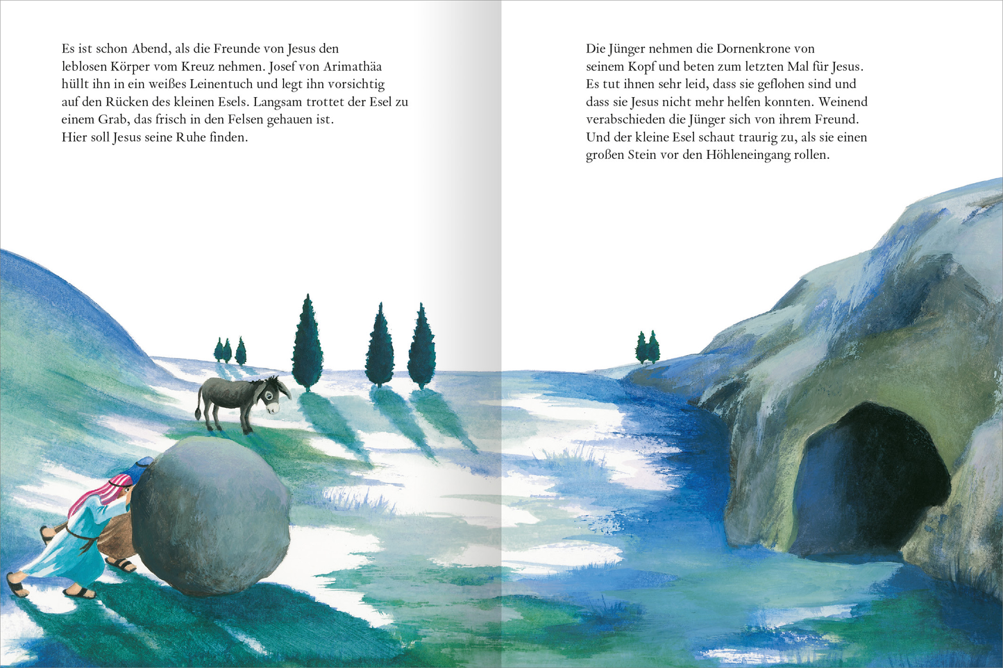 Gezeigt wird eine Innen- oder Zusatzansicht von „Der kleine Esel und die Ostergeschichte“. Die Farbpalette umfasst sanfte Blau- und Grüntöne, die eine ruhige Landschaft darstellen. Auf der linken Seite sind ein kleiner Esel und ein Stein abgebildet, während rechts der Esel zusammen mit jünger Freunden zu sehen ist. Die Typografie ist klar und gut lesbar, eingebettet in die Illustrationen, die eine vertrauliche und besinnliche Stimmung vermitteln.