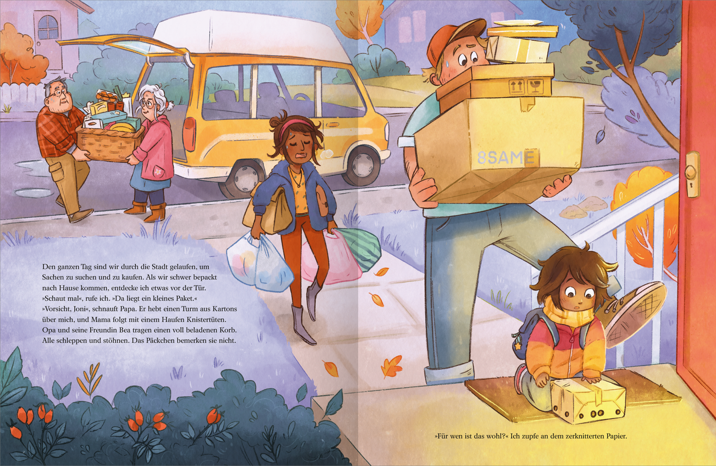 Gezeigt wird eine Innen- oder Zusatzansicht von „Ein Inne halten“. Die Szene zeigt einen lebhaften Eingangsbereich mit einer Familie, die verschiedene Pakete trägt. Die Farbpalette ist warm und einladend mit sanften Gelb-, Orange- und Rottönen, die eine freundliche Atmosphäre schaffen. Die Illustrationen sind detailreich und zeichnen sich durch eine verspielte Typografie und kindliche Charaktere aus, die miteinander interagieren. Die Bildkomposition vermittelt ein Gefühl von...