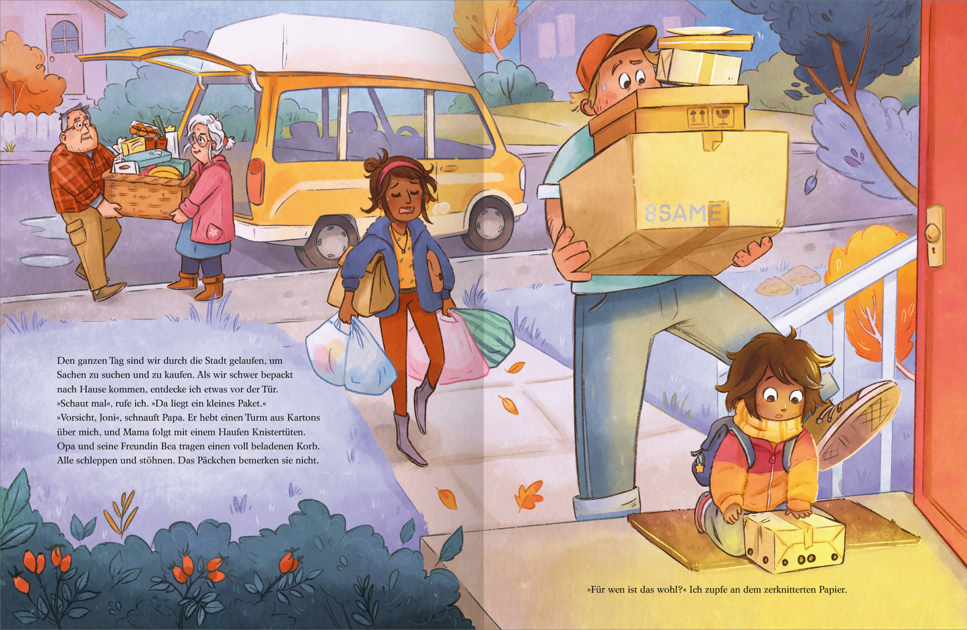 Gezeigt wird eine Innen- oder Zusatzansicht von „Ein Inne halten“. Die Szene zeigt einen lebhaften Eingangsbereich mit einer Familie, die verschiedene Pakete trägt. Die Farbpalette ist warm und einladend mit sanften Gelb-, Orange- und Rottönen, die eine freundliche Atmosphäre schaffen. Die Illustrationen sind detailreich und zeichnen sich durch eine verspielte Typografie und kindliche Charaktere aus, die miteinander interagieren. Die Bildkomposition vermittelt ein Gefühl von...