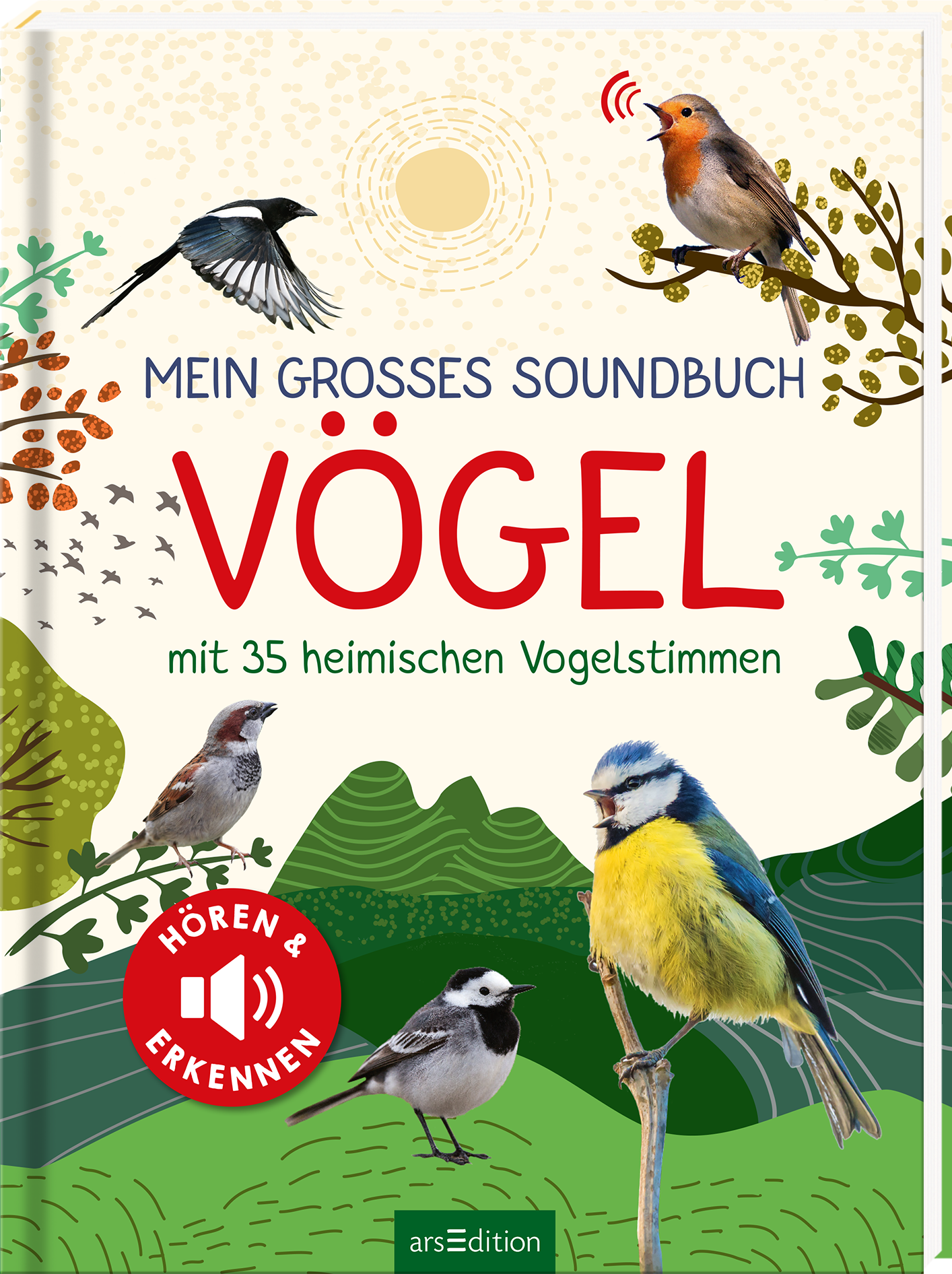 Das Buchcover zeigt eine bunte und lebendige Illustration von Vögeln in einer naturnahen Umgebung. In der oberen linken Ecke ist ein Rotkehlchen abgebildet, während ein weiterer Vogel rechts oben singt. Die zentrale Schrift in großen, roten Buchstaben hebt den Titel „VÖGEL“ hervor, darunter steht in kleinerer Schrift „mit 35 heimischen Vogelstimmen“. Ein roter Button mit einem Lautsprecher-Symbol trägt die Aufschrift „HÖREN & ERKENNEN“. Ganz unten mittig steht der...