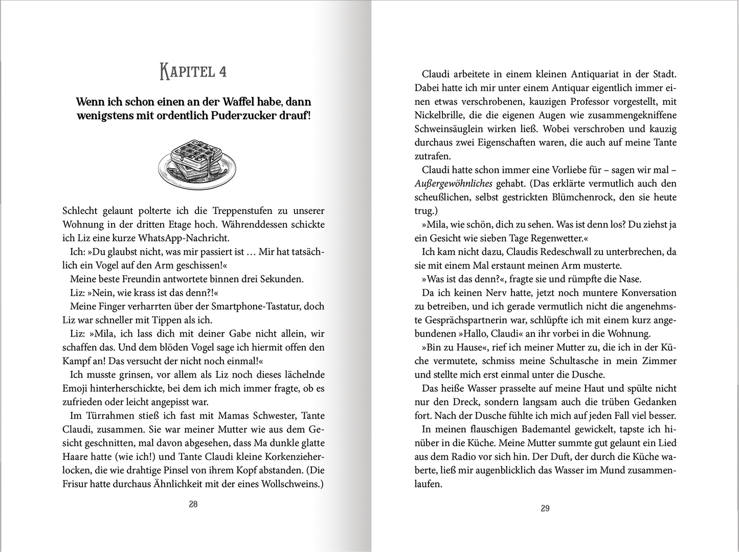 Gezeigt wird eine Innenansicht von „Das Vermächtnis der Schokomagie“. Die Seiten sind mit klarer Schwarzschrift auf hellem Hintergrund gestaltet. Kapitelüberschriften sind in einer markanten Serifenschrift gehalten. Ein skizzenartiges Motiv eines Waffeltellers ist unter der Überschrift platziert.