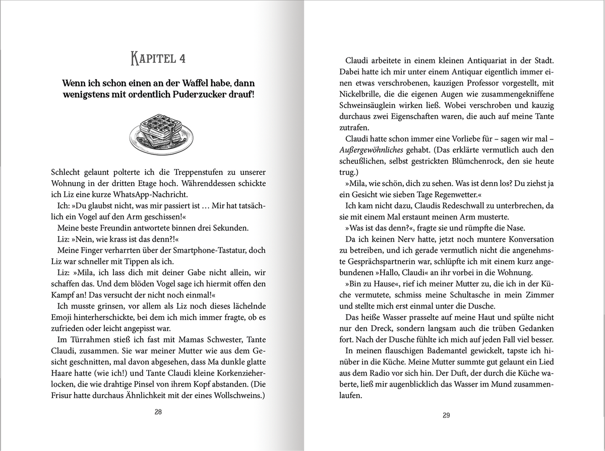 Gezeigt wird eine Innenansicht von „Das Vermächtnis der Schokomagie“. Die Seiten sind mit klarer Schwarzschrift auf hellem Hintergrund gestaltet. Kapitelüberschriften sind in einer markanten Serifenschrift gehalten. Ein skizzenartiges Motiv eines Waffeltellers ist unter der Überschrift platziert.