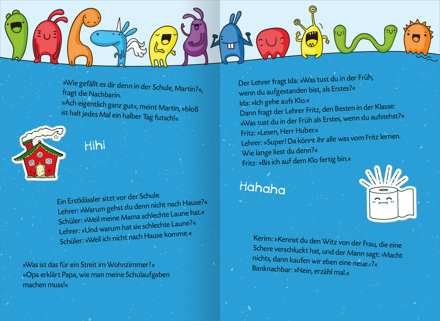 Gezeigt wird eine Innen- oder Zusatzansicht von „Mein megadickes Witzebuch“. Die Seite enthält zwei farbenfrohe Illustrationen, die zwischen witzigen Texten platziert sind. Oben sind fröhliche, cartoonartige Figuren in verschiedenen Farben (rot, grün, blau, gelb) abgebildet. Der Hintergrund ist in einem sanften Blau, das an den Himmel erinnert. Die Seiten sind in klarer, gut lesbarer Schrift gehalten, mit großen, hervorstechenden Überschriften und dialogartigen Texten, die die...