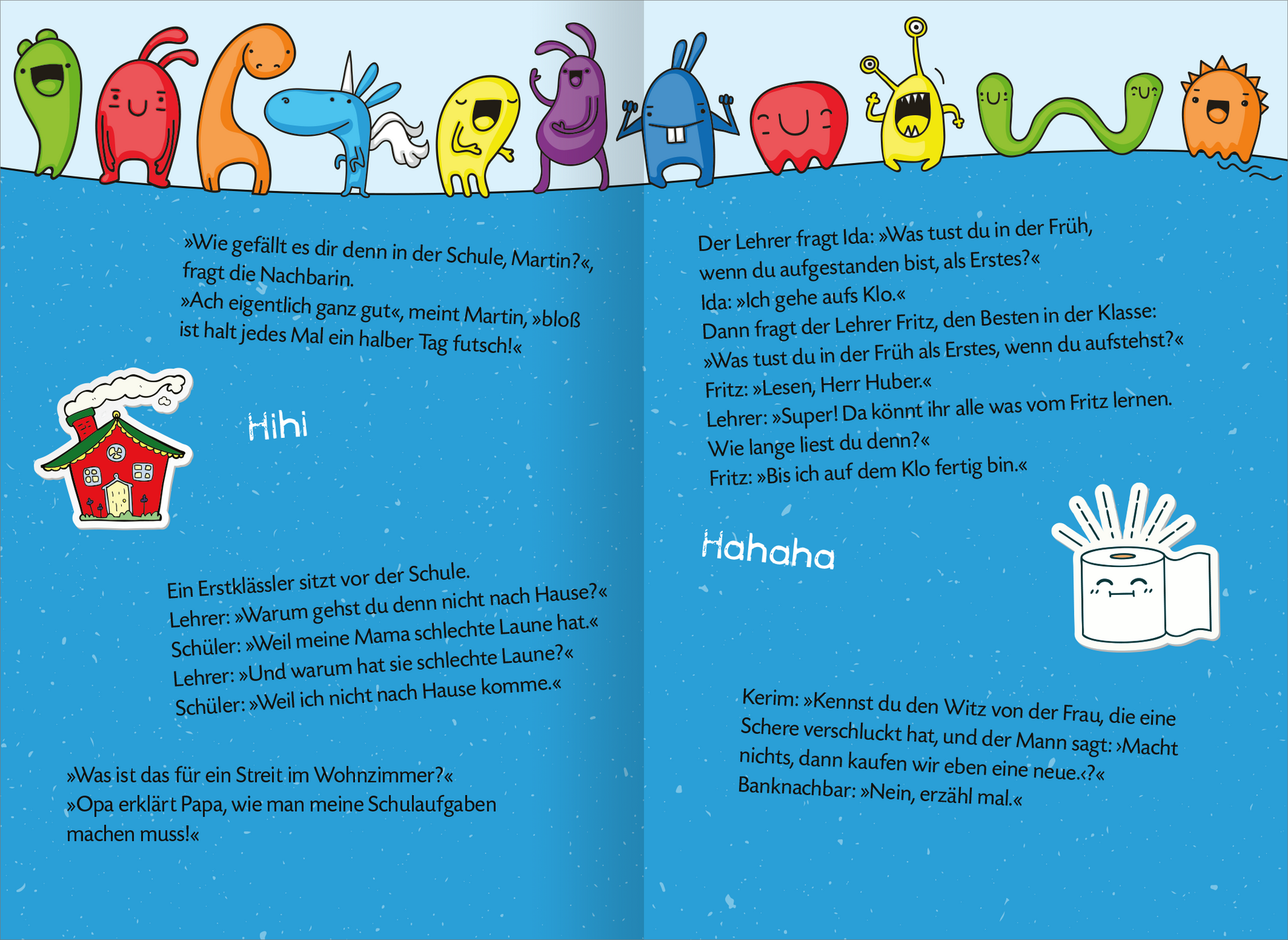 Gezeigt wird eine Innen- oder Zusatzansicht von „Mein megadickes Witzebuch“. Die Seite enthält zwei farbenfrohe Illustrationen, die zwischen witzigen Texten platziert sind. Oben sind fröhliche, cartoonartige Figuren in verschiedenen Farben (rot, grün, blau, gelb) abgebildet. Der Hintergrund ist in einem sanften Blau, das an den Himmel erinnert. Die Seiten sind in klarer, gut lesbarer Schrift gehalten, mit großen, hervorstechenden Überschriften und dialogartigen Texten, die die...