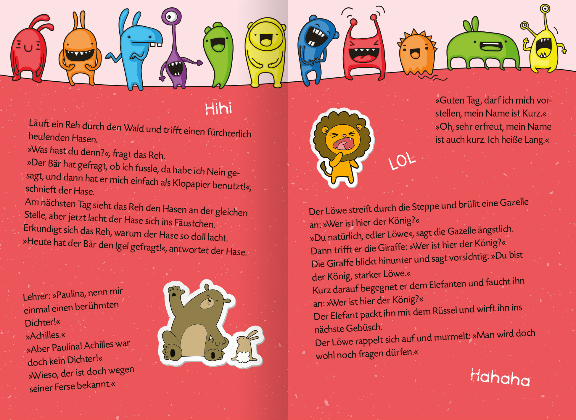 Gezeigt wird eine Innen- oder Zusatzansicht von „Mein megadickes Witzebuch“. Die Doppelseite ist farbenfroh gestaltet und dominiert von einem hellen, freundlichen Hintergrund in Rot. Oben sind bunte, cartoonartige Figuren abgebildet, die ausgelassen lachen. Der Text ist in verspielter Typografie gehalten, mit großen, abgerundeten Buchstaben in Schwarz. Illustrationen von tierischen Charakteren, wie einem Löwen und einem Bären, verstärken das humorvolle Konzept.