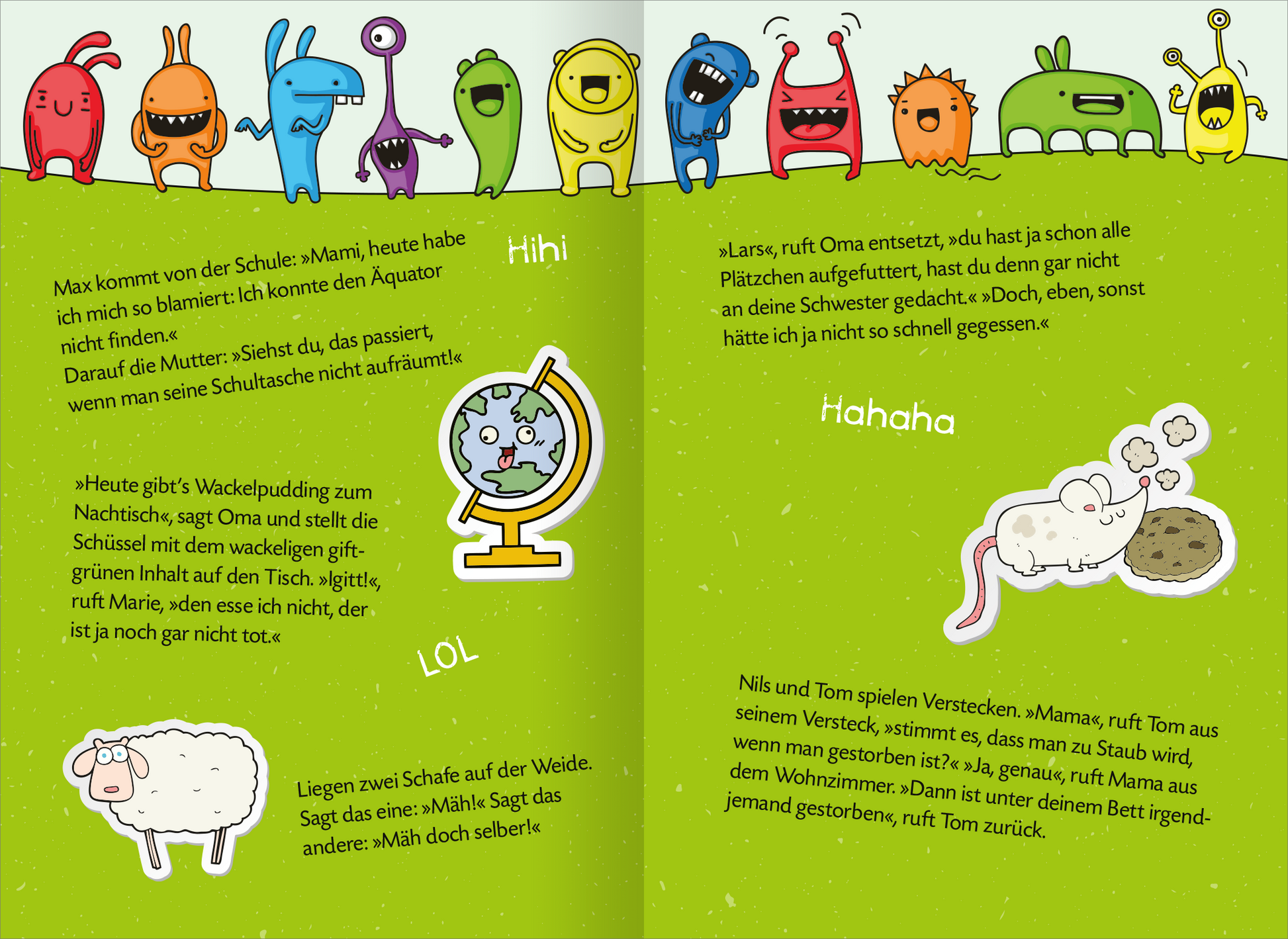 Gezeigt wird eine Innen- oder Zusatzansicht von „Mein megadickes Witzebuch“. Mehrere Witzeblöcke sind auf der Doppelseite auf neongrünem Hintergrund verteilt, unterbrochen von lustigen Illustrationen. Über beide Seiten hinweg ist eine Reihe aus bunten lachenden Monstern oben angebracht.