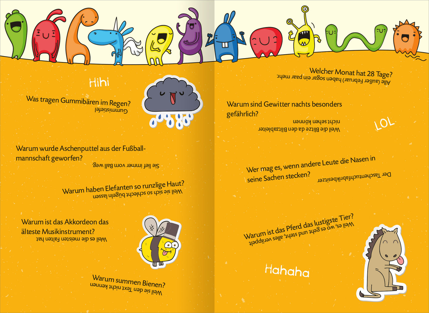 Gezeigt wird eine Innen- oder Zusatzansicht von „Mein megadickes Witzebuch“. Mehrere Witzeblöcke sind auf der Doppelseite auf neonorangenem Hintergrund verteilt, unterbrochen von lustigen Illustrationen. Über beide Seiten hinweg ist eine Reihe aus bunten lachenden Monstern oben angebracht.