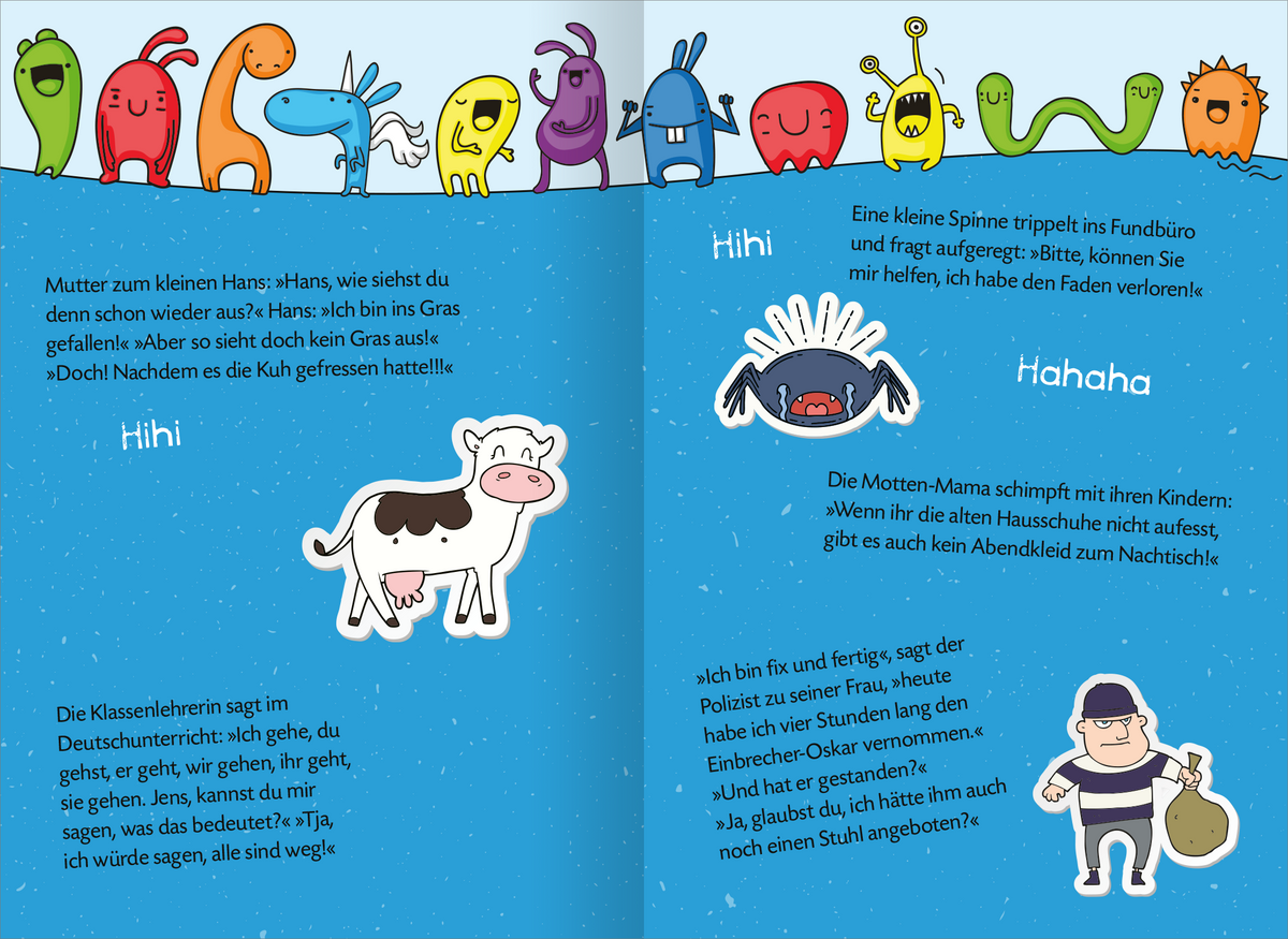Gezeigt wird eine Innen- oder Zusatzansicht von „Mein megadickes Witzebuch“. Mehrere Witzeblöcke sind auf der Doppelseite auf neonblauem Hintergrund verteilt, unterbrochen von lustigen Illustrationen. Über beide Seiten hinweg ist eine Reihe aus bunten lachenden Monstern oben angebracht.
