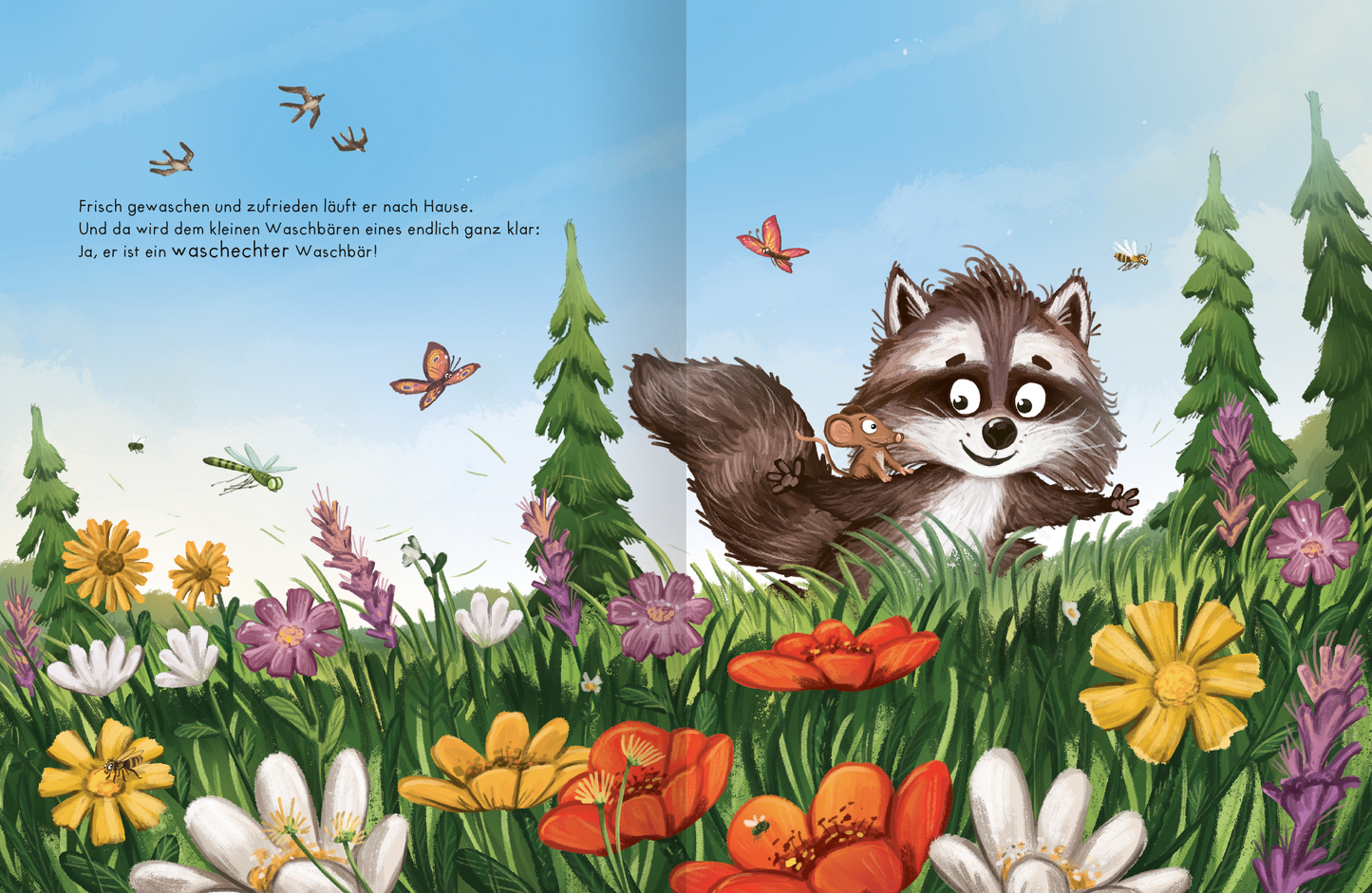 Gezeigt wird eine Innen- oder Zusatzansicht von „Unsere lustigsten Tiergeschichten“. Die Illustration zeigt einen fröhlichen Waschbären in einer Blumenwiese, umgeben von bunten Blumen in verschiedenen Farben wie Rot, Gelb, Blau und Lila. Im Hintergrund stehen hohe, grüne Tannen. Über der Szene fliegen Schmetterlinge und Insekten, während ein Text in gebogener, kindgerechter Schrift stilvoll das Bild ergänzt.