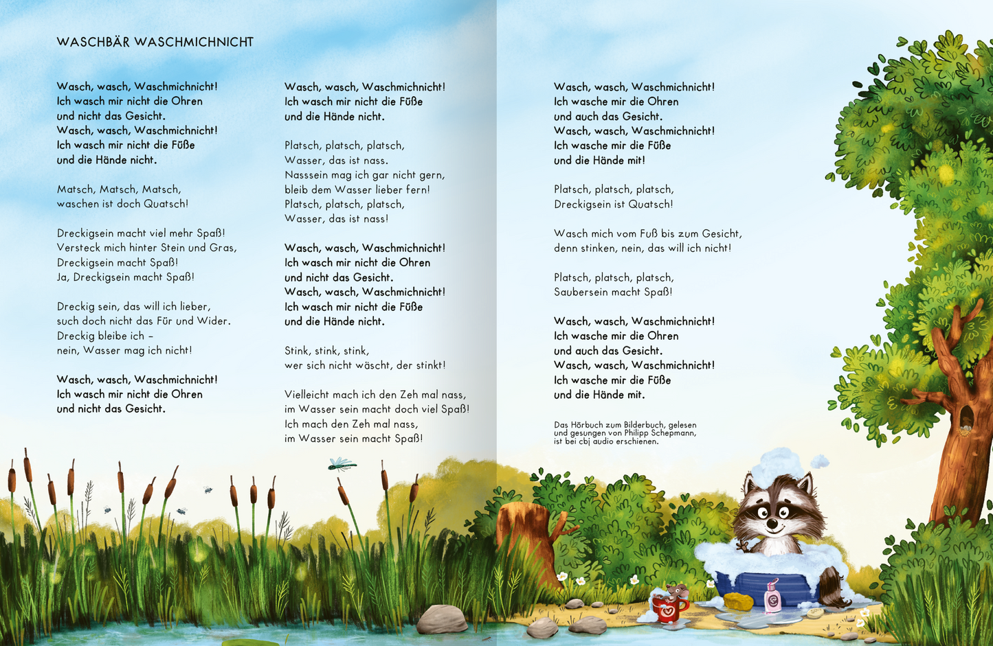 Gezeigt wird eine Innen- oder Zusatzansicht von „Unsere lustigsten Tiergeschichten“. Die Doppelseite enthält eine fröhliche, farbenfrohe Illustration eines Waschbären am Wasser. Er trägt ein blaues Handtuch und sitzt in einer Wanne, umgeben von grünen Pflanzen und einem blauen Himmel. Der Text ist in verspielter, leicht lesbarer Schrift gestaltet, wobei die zentrale Überschrift „Waschbär Waschmicnicht“ hervorsticht. Die Farben sind lebhaft, mit viel Grün und Blau, was eine...