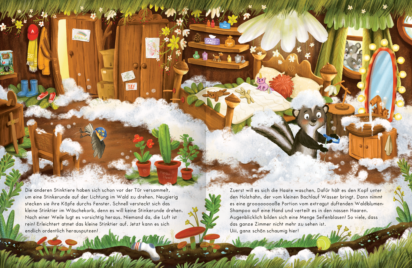 Gezeigt wird eine Innen- oder Zusatzansicht von „Unsere lustigsten Tiergeschichten“. Die Illustration zeigt eine gemütliche, farbenfrohe Tierwohnung mit einem Holzinterieur. Überall stehen kleine Pflanzen in roten Töpfen und es liegt neugierig gefalteter Schnee auf dem Boden. Im Vordergrund sitzt ein fröhlicher Waschbär, während im Hintergrund ein Bett mit einem kuscheligen Bettzeug und eine Holzkommode zu sehen sind. Die Schrift ist verspielt und klar, ergänzt von bunten Details,...