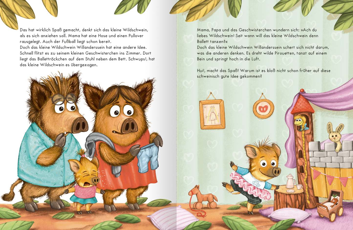 Gezeigt wird eine Innen- oder Zusatzansicht von „Unsere lustigsten Tiergeschichten“. Die Illustration zeigt eine humorvolle Szene mit drei Wildschweinen in einem hellen Raum, umgeben von grünen Blättern. Die Farbtöne sind freundlich und fröhlich, vorwiegend in sanften Pastellfarben. Die Typografie ist klar und kindgerecht, die Textelemente sind gut lesbar und ergänzen die Bilder. Das zentrale Motiv sind die Wildschweine, die miteinander interagieren und verschiedene Aktivitäten...