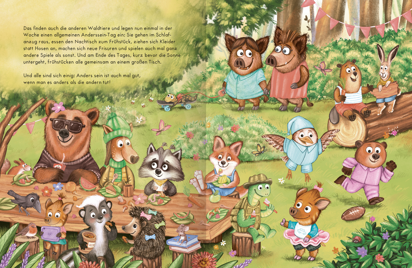 Gezeigt wird eine Innen- oder Zusatzansicht von „Unsere lustigsten Tiergeschichten“. Die Illustration zeigt eine lebendige Waldszene mit verschiedenen Tierfiguren, die fröhlich an einem Festmahl teilnehmen. Bunte Farben dominieren das Bild, darunter verschiedene Grüntöne des Waldes und helle Pastellfarben der Kleidung. Die Typografie ist verspielt und kindgerecht, ergänzt durch kurze Textpassagen, die die Handlung beschreiben. Die Tiere sind in vertraulichen Posen dargestellt, was eine...