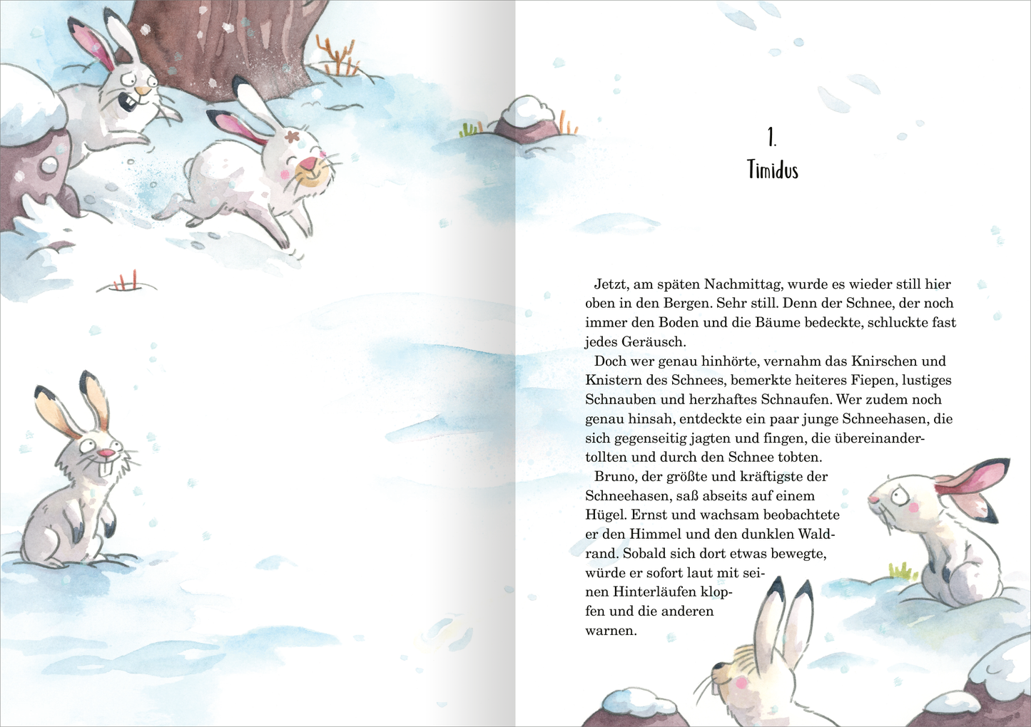 Gezeigt wird eine Innen- oder Zusatzansicht von „Die größte Freundschaftsgeschichte der Welt“. Die Illustration zeigt eine winterliche Landschaft mit schneebedeckten Bäumen und mehreren Hasen, die fröhlich im Schnee herumtollen. Die Farbpalette besteht aus sanften Blau- und Grautönen, die kühle Winterstimmung vermitteln, ergänzt durch zarte Pastellnuancen bei den Hasen. Die Typografie des Textes ist klar und gut lesbar, mit großen, verspielten Buchstaben, die dem Inhalt eine...