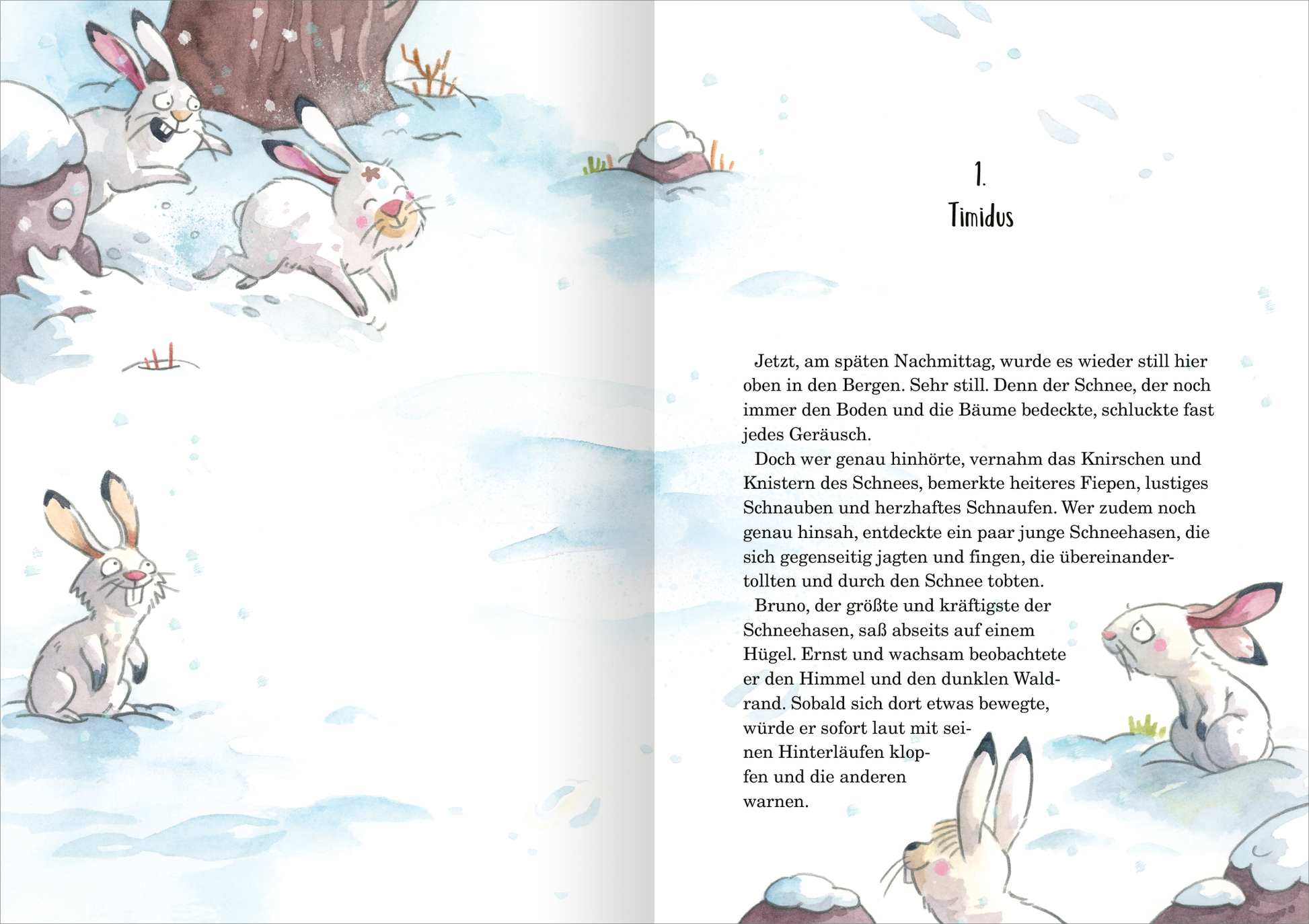 Gezeigt wird eine Innen- oder Zusatzansicht von „Die größte Freundschaftsgeschichte der Welt“. Die Illustration zeigt eine winterliche Landschaft mit schneebedeckten Bäumen und mehreren Hasen, die fröhlich im Schnee herumtollen. Die Farbpalette besteht aus sanften Blau- und Grautönen, die kühle Winterstimmung vermitteln, ergänzt durch zarte Pastellnuancen bei den Hasen. Die Typografie des Textes ist klar und gut lesbar, mit großen, verspielten Buchstaben, die dem Inhalt eine...