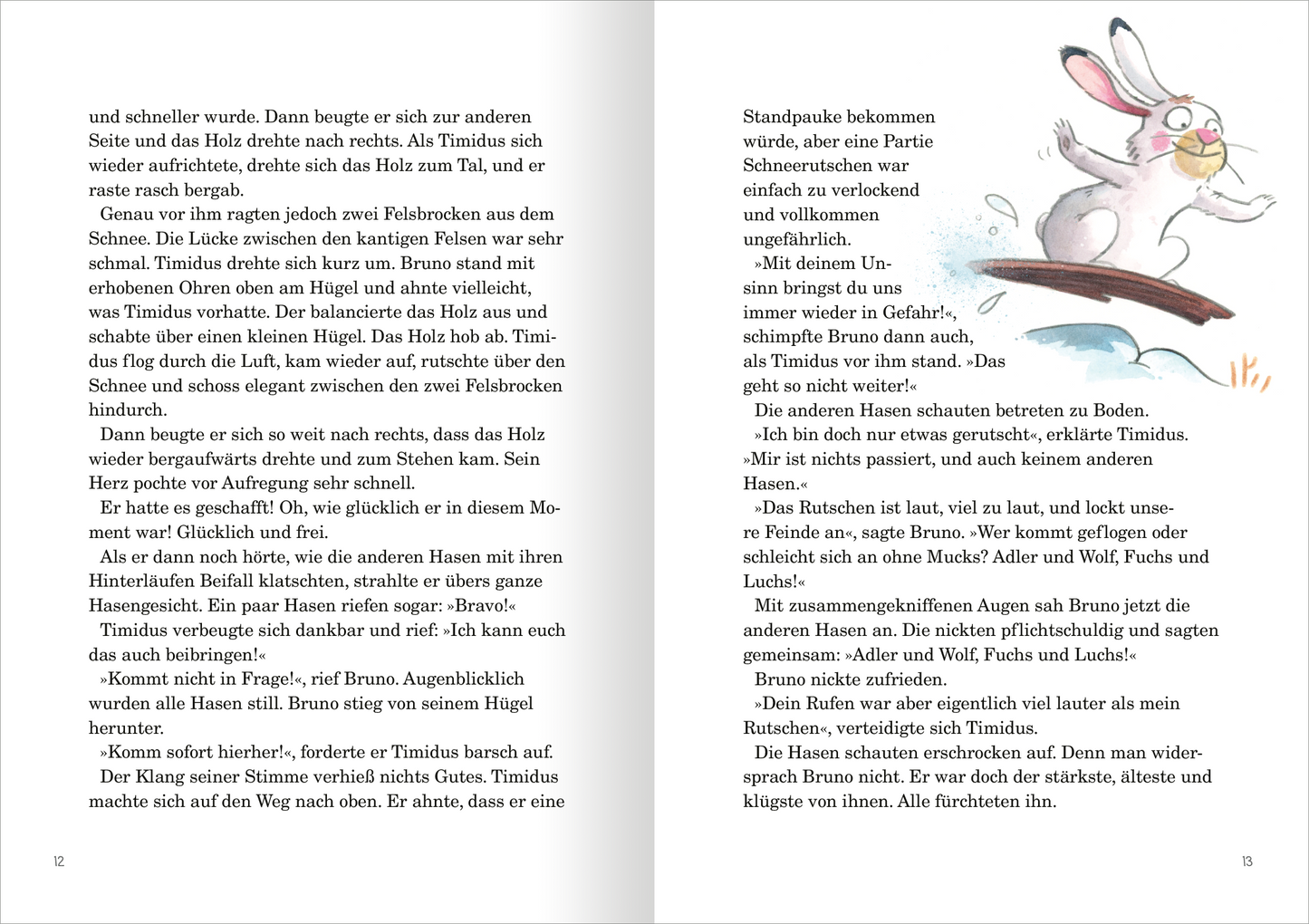 Gezeigt wird eine Innen- oder Zusatzansicht von „Die größte Freundschaftsgeschichte der Welt“. Die Seite zeigt einen bunten, illustrierten Hasen, der fröhlich über einen kleinen Hügel springt. Der Hintergrund ist in sanften, pastelligen Farben gehalten, die dem Bild Leichtigkeit verleihen. Der Text ist in einer gut lesbaren, serifenlosen Schrift gesetzt und umfasst zwei Spalten, wobei der Inhalt lebendig und kindgerecht gestaltet ist. Illustrationen und Text schaffen eine harmonische...