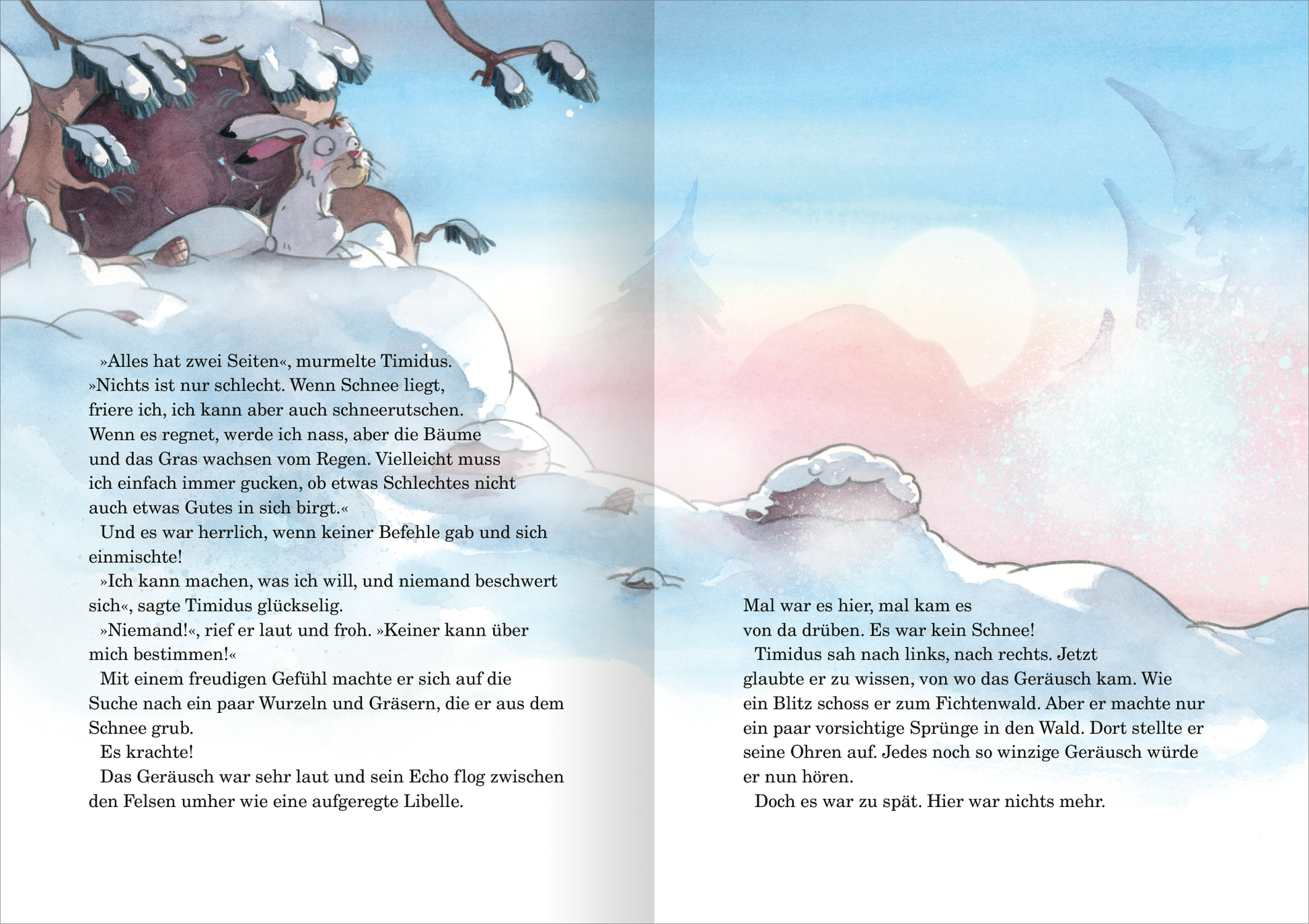 Gezeigt wird eine Innen- oder Zusatzansicht von „Die größte Freundschaftsgeschichte der Welt“. Auf der Doppelseite sind sanfte, pastellfarbene Aquarellillustrationen zu sehen, die eine verschneite Landschaft darstellen. Links ist ein großer Baum mit schneebedeckten Ästen zu erkennen, während kleinere Tiere, darunter ein Hase, im Vordergrund spielen. Der Text ist in klarer, gut lesbarer Schriftart gehalten, die gut in die sanfte Farbgebung integriert ist und die Stimmung der...