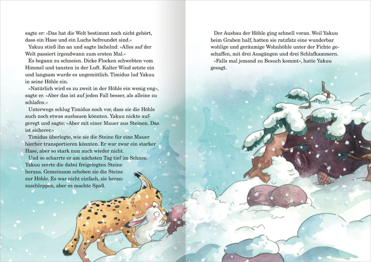 Gezeigt wird eine Innen- oder Zusatzansicht von „Die größte Freundschaftsgeschichte der Welt“. Die illustrierte Doppelseite zeigt eine winterliche Szene mit einem schneebedeckten Hügel und einem gelbgescheckten Tier, das einem neugierigen Blick im Vordergrund zugewandt ist. Im Hintergrund sind schneebedeckte Bäume und eine Höhle sichtbar. Die Farben sind sanft und beruhigend, mit überwiegend Blau- und Weißtönen, die eine frostige Atmosphäre schaffen. Die verwendete Schriftart ist...