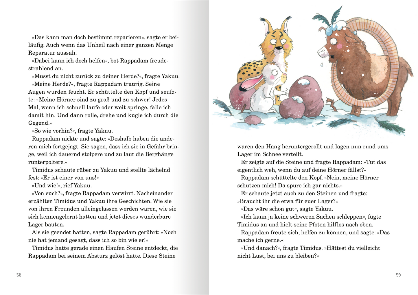 Gezeigt wird eine Innen- oder Zusatzansicht von „Die größte Freundschaftsgeschichte der Welt“. Die Seite zeigt eine farbenfrohe Illustration mit drei tierischen Charakteren: ein Eichhörnchen, ein Hase und ein erdfarbener Käfer. Die Farben sind sanft und warm, überwiegend in Brauntönen und Pastellfarben. Der Text ist in einer klaren, kindgerechten Schriftart gehalten, die gut lesbar ist. Die Darstellung vermittelt eine freundliche und einladende Stimmung, die die Handlung unterstützt.