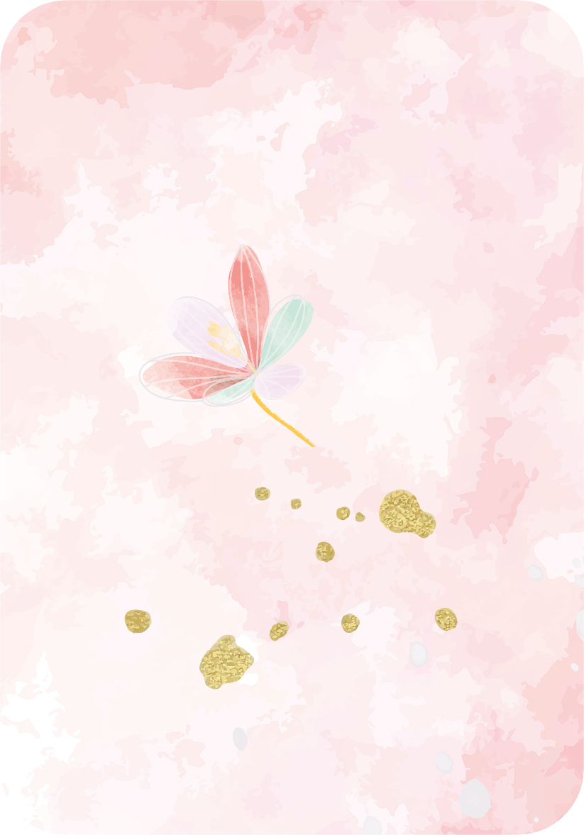 Gezeigt wird eine Innen- oder Zusatzansicht von „Ich wünsch dir was“. Die Illustration zeigt einen zarten, rosa Hintergrund mit einer aquarellartigen Textur. In der Mitte schwebt eine stilisierte Blüte in sanften Farben wie Rosa und Mintgrün. Glitzernde, goldene Elemente sind um die Blüte verteilt und verleihen der Darstellung einen festlichen Glanz. Die sanfte Farbpalette und die spielerische Anordnung erzeugen eine einladende und zauberhafte Atmosphäre.