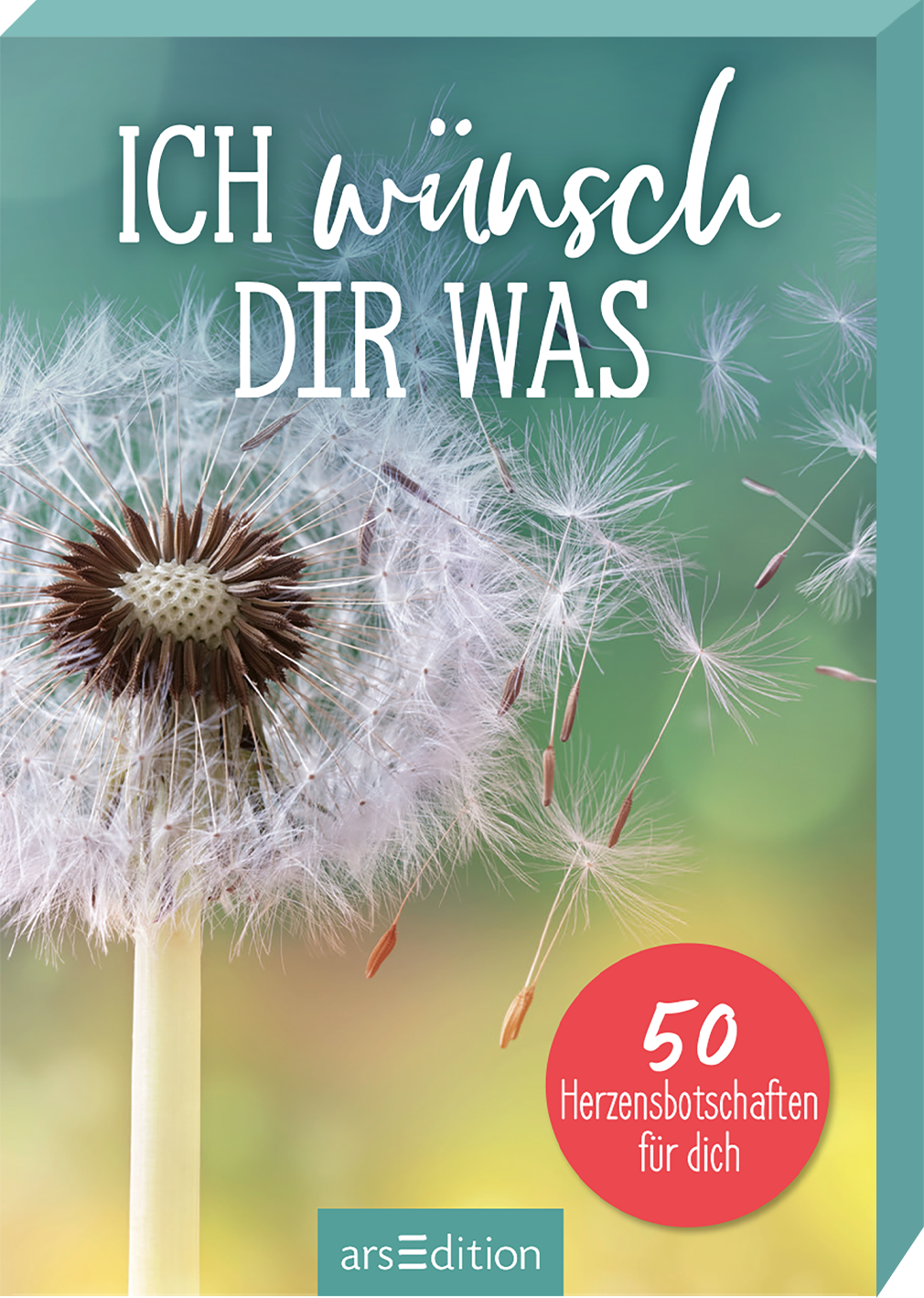 Das Buchcover zeigt eine zarte Pusteblume vor einem weich verschwommenen, hellgrünen Hintergrund. Der Titel „ICH wünsch DIR WAS“ ist in großen, weißen Buchstaben platziert, wodurch er sofort ins Auge fällt. In der unteren Ecke des Covers befindet sich ein roter Button mit dem Text „50 Herzensbotschaften für dich“. Die Gesamtatmosphäre strahlt Freundlichkeit und Leichtigkeit aus. Ganz unten mittig steht der Logoschriftzug von arsEdition.