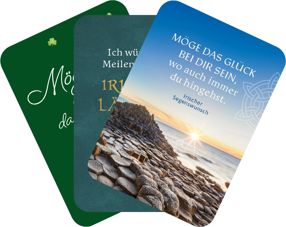 Gezeigt wird eine Innen- oder Zusatzansicht von „Möge das Glück immer bei dir sein!“. Die Karten sind in verschiedenen Farben gehalten: eine grüne Karte mit goldener Schriftfassung, eine hellblaue Karte mit einem irischen Segensspruch und einem Hintergrundbild einer Küstenlandschaft bei Sonnenuntergang. Die Typografie variiert zwischen verspielten und klassischen Schriftarten, die den positiven, einladenden Charakter der Botschaften unterstreichen. Die Karten sind sanft abgerundet und...