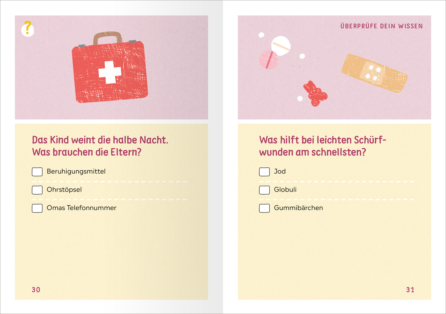 Gezeigt wird eine Innen- oder Zusatzansicht von „Führerschein – endlich Oma“. Die Seiten sind in sanften Pastelltönen gestaltet, mit einem hellen Hintergrund. Links befindet sich eine illustrierten Erste-Hilfe-Box in Rot und weitere grafische Elemente, während rechts mehrere Antworten auf Fragen stehen, die durch Kästchen hervorgehoben sind. Die Typografie ist klar und freundlich, kombiniert grobe und geschwungene Schriften, die den spielerischen Charakter der Inhalte unterstützen.