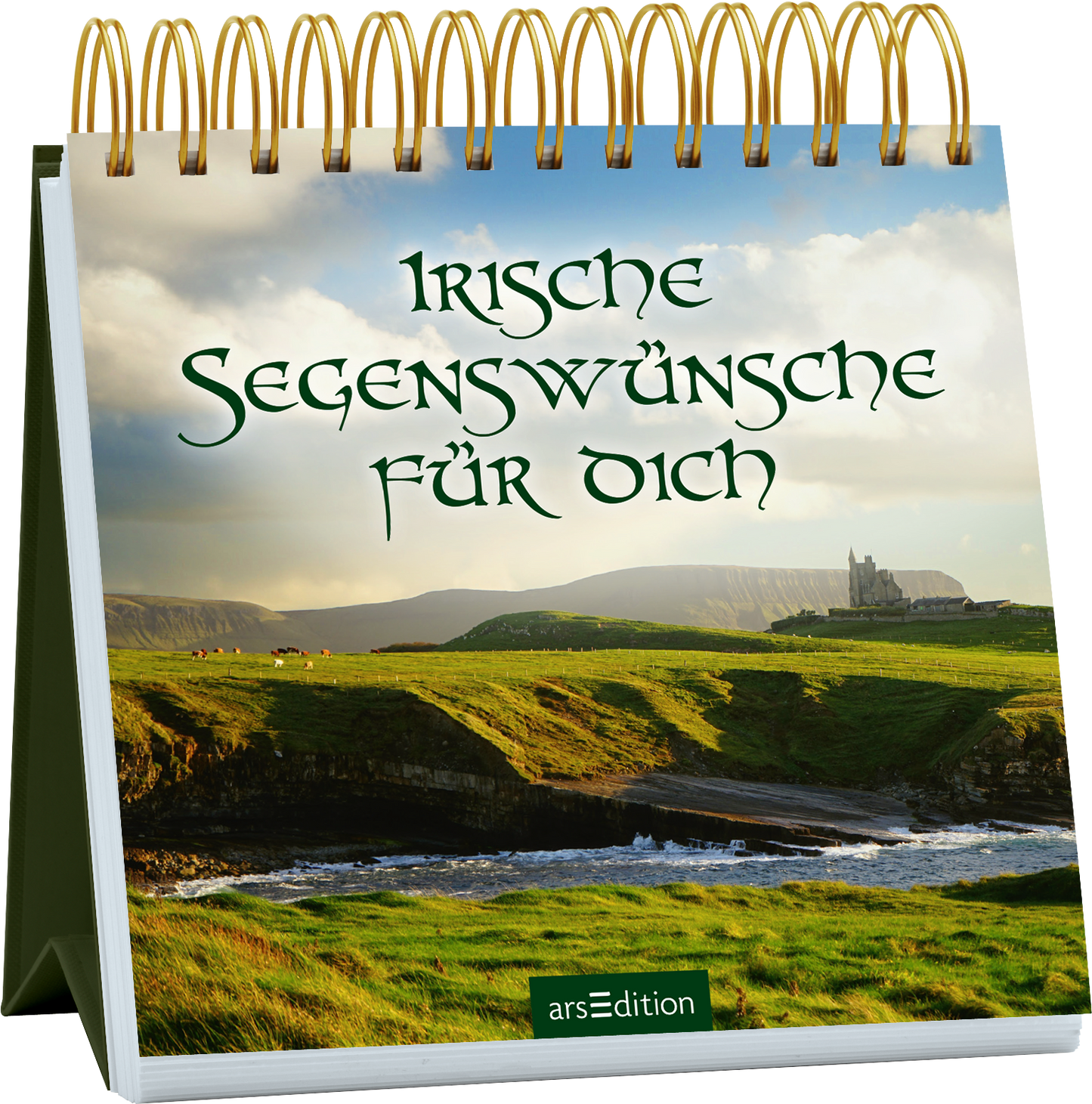 Das Buchcover zeigt eine malerische irische Landschaft mit grünen Hügeln, einem sanften Fluss und einem alten Schloss im Hintergrund, umgeben von bewölktem Himmel. Der Titel „Irische Segenswünsche für dich“ ist in einer eleganten, verschnörkelten Schrift in dunklem Grün gestaltet. Die goldene Spiralbindung oben verleiht dem Cover eine stilvolle Note. Ganz unten mittig steht der Logoschriftzug von arsEdition.